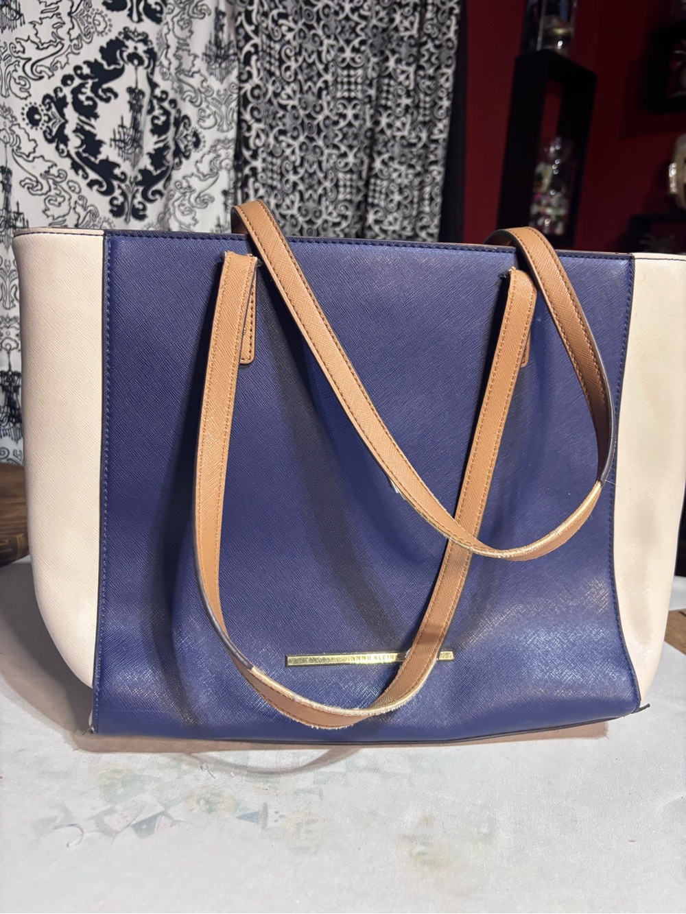 Anne Klein Navy and Cream Tote with Tan Straps